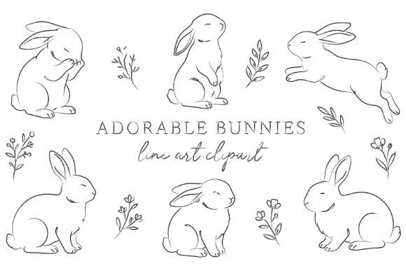 Download Minimalist Line Art of Six Cute Bunnies - Cute bunnies Collection