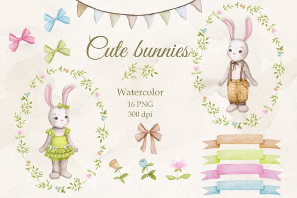 Download Cute Bunnies.Boy and Girl.Watercolor PNG - Cute bunnies Collection