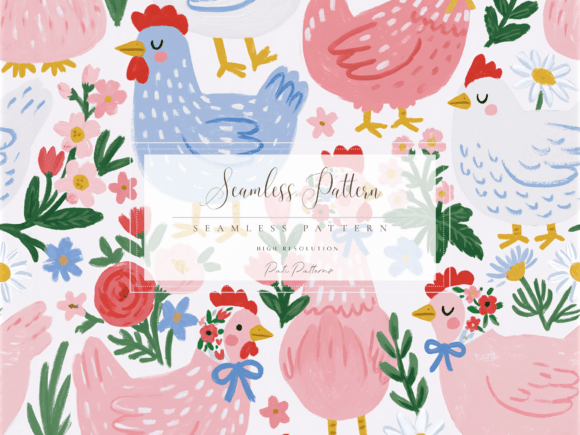 Download Whimsical Chickens Seamless Pattern PNG with Flowers - Flowers Collection