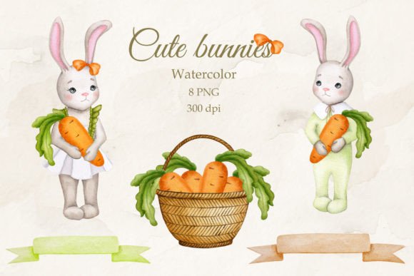 Download Cute Bunnies with Carrots.Watercolor PNG - Cute bunnies Collection