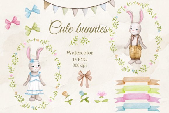 Download Cute Bunnies.Boy and Girl.Watercolor PNG - Cute bunnies Collection