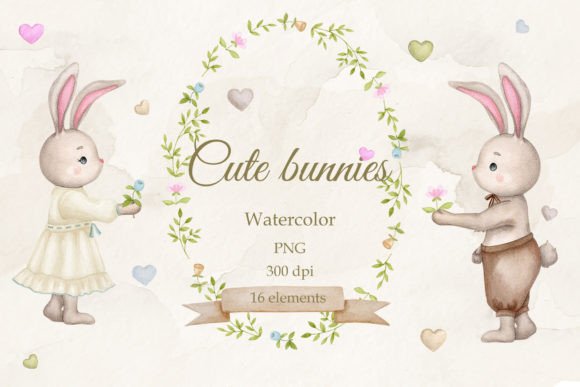 Download Cute Bunnies.Boy and Girl.Watercolor PNG - Cute bunnies Collection