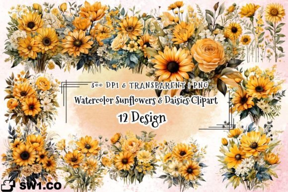 Download Watercolor Sunflowers Daisies Clipart - Flowers Collection